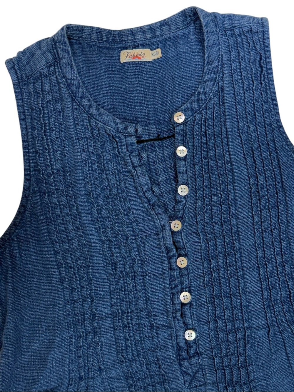 Faherty Isha Linen Dress Women XS Blue Indigo Basketweave Pintuck Pleat Sun Mini